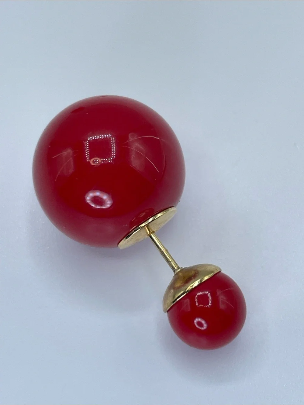 Vintage Red Acrylic Double Ball Stud Earrings Gold Tone Retro